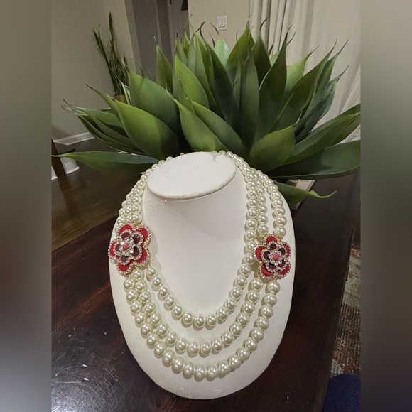 Talbots Faux Pearl Triple-Strand Necklace with Red Flower Accents - Picture 2 of 8